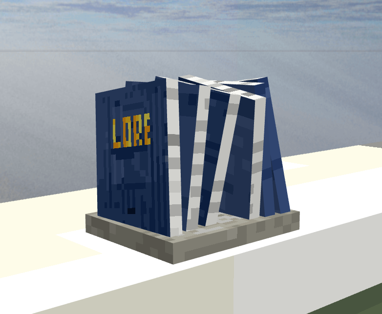 The Lore trophy: a row of blue books on a stone plinth, the front one stamped LORE in gold